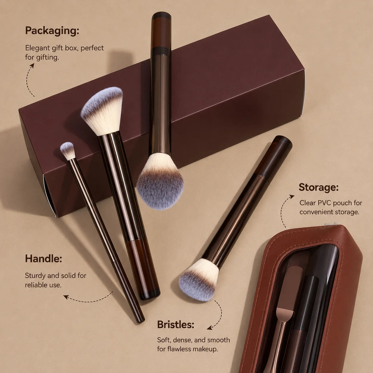 15Pcs Professional Soft Aluminum Makeup Brush Set, Foundation, Eyeshadow, Brow, Blush & Powder Brushes, Portable Cosmetic Tools