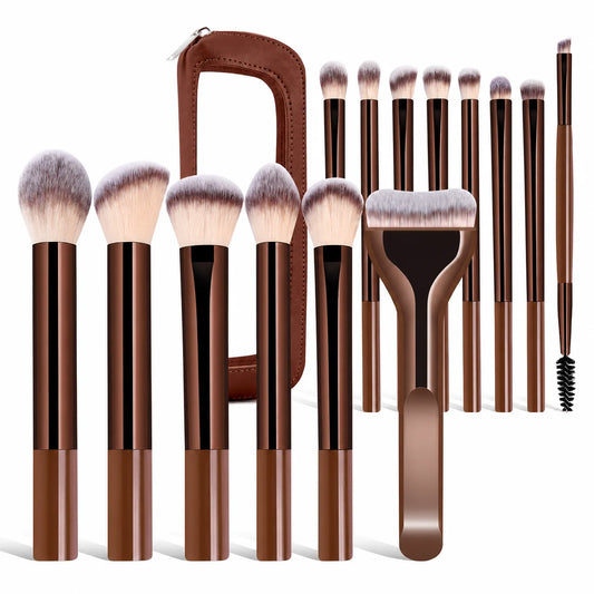 15Pcs Professional Soft Aluminum Makeup Brush Set, Foundation, Eyeshadow, Brow, Blush & Powder Brushes, Portable Cosmetic Tools