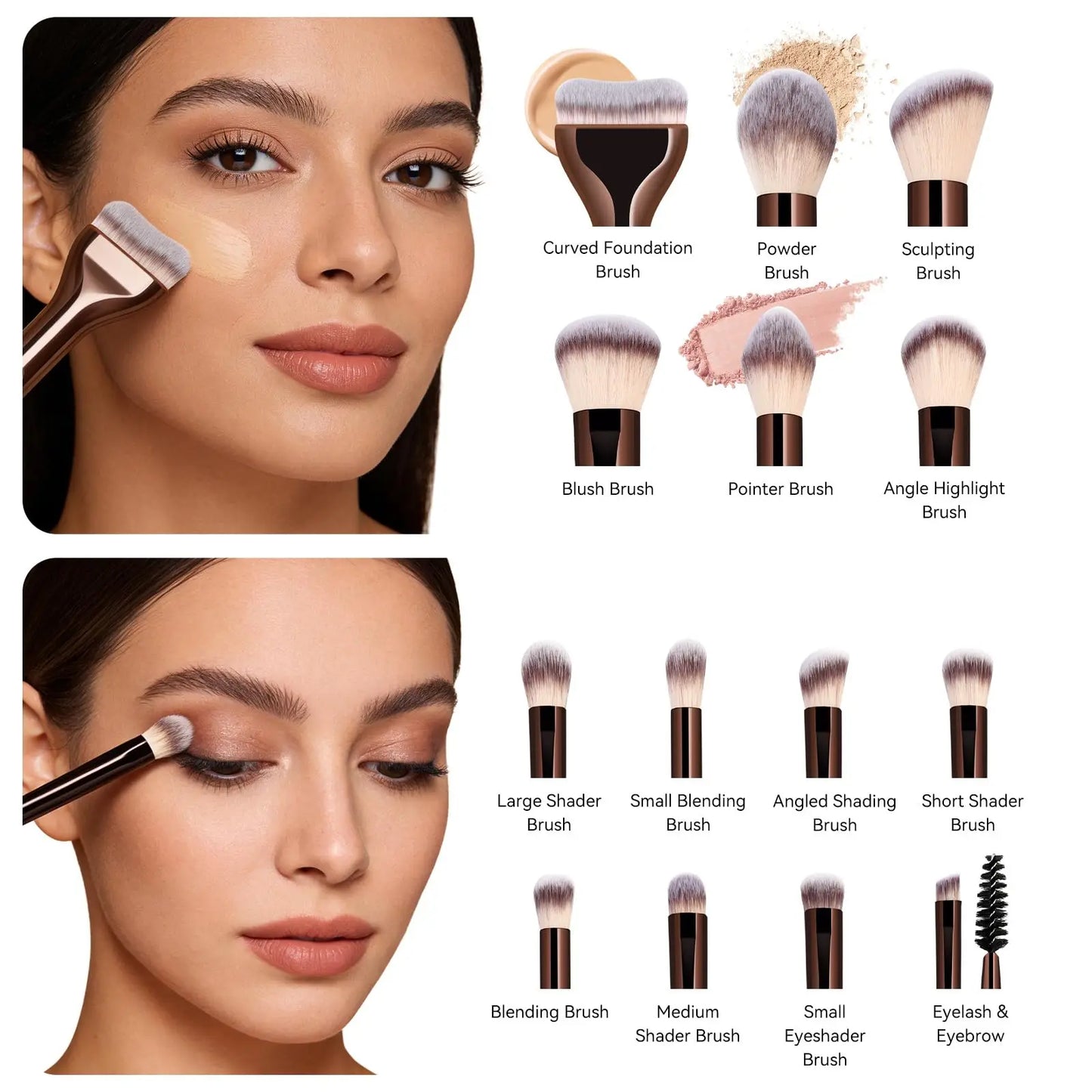 15Pcs Professional Soft Aluminum Makeup Brush Set, Foundation, Eyeshadow, Brow, Blush & Powder Brushes, Portable Cosmetic Tools