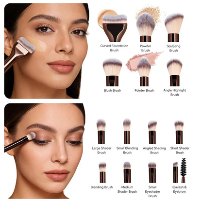 15Pcs Professional Soft Aluminum Makeup Brush Set, Foundation, Eyeshadow, Brow, Blush & Powder Brushes, Portable Cosmetic Tools